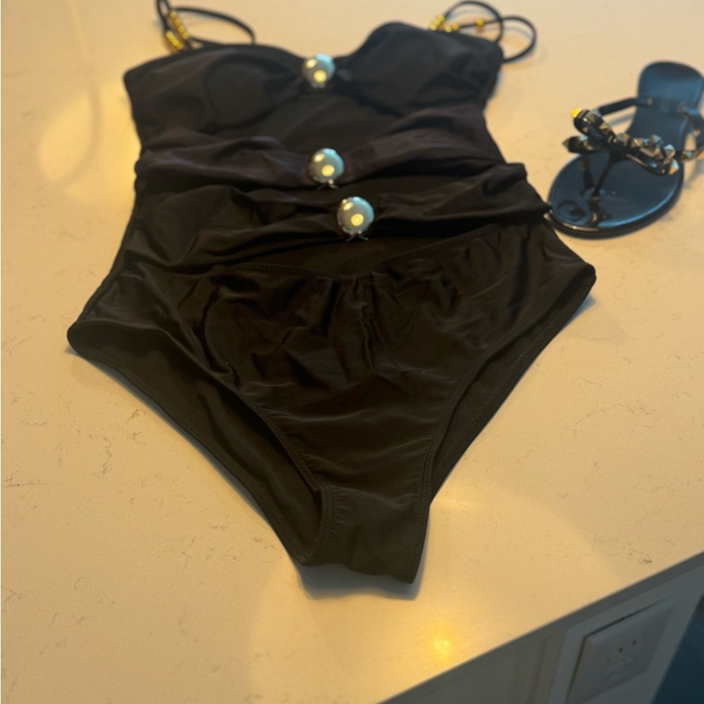 Black One-Piece Swimsuit with Gold Accents and cutouts - Picture 4 of 10